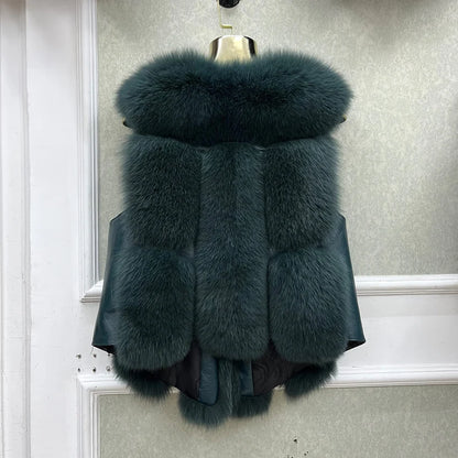 2024 New Autumn Winter Warm Women's Coat Natural Real Fox Fur Vest Thick Mid Length Waistcoat Luxury Female Jacket Streetwear
