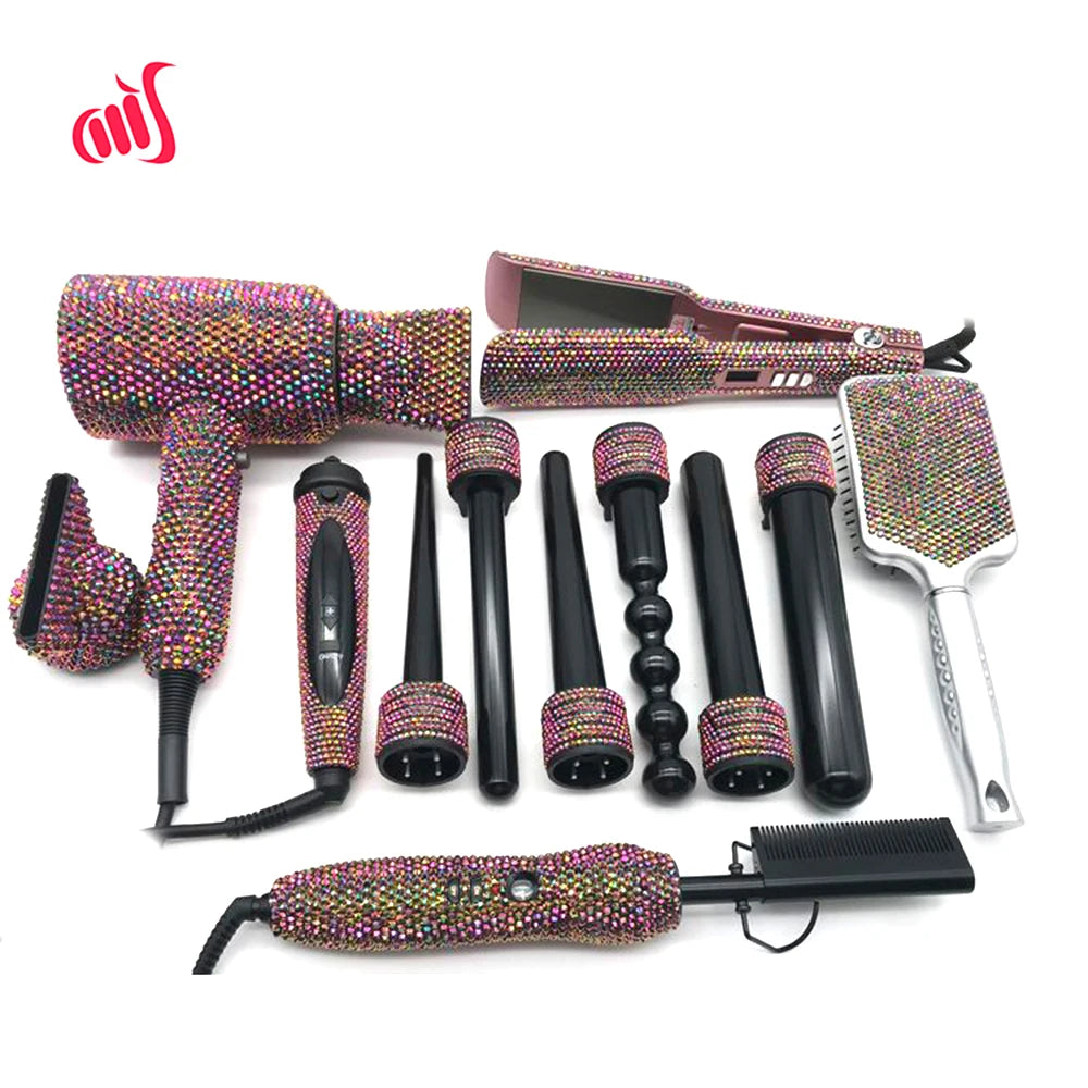 Rhinestone Diamond Hot Tools Set Hair Straightener Iron Comb Ionic Blow Dryer Curling Irons Hair Styling Appliances