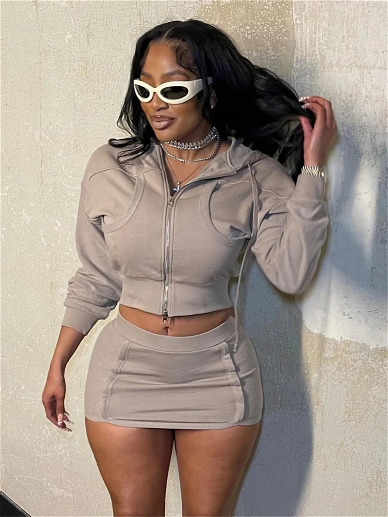 HLJ Spring New Casual 2 Piece Sets Woman Outfit Solid Zip Drawstring Crop Jacket and Bodycon Skirts Female Streetwear Clothing