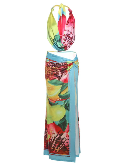 Weird Puss Colorful Leopard Women 2 Piece Set Y2K Beach Vacation Halter Tank Tops+Wrapped Maxi Skirts Matching Vacation Clubwear