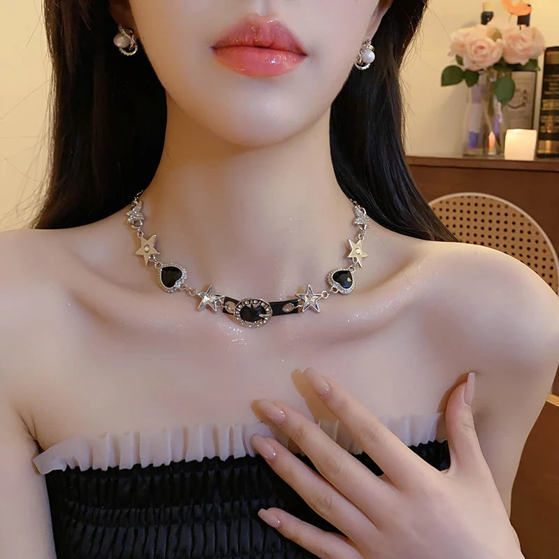 Silver Color Hollow Star Choker Necklaces For Women Long Tassel Rhinestone Imitation Pearl Chain Necklaces Statements Jewelry