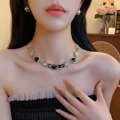 Silver Color Hollow Star Choker Necklaces For Women Long Tassel Rhinestone Imitation Pearl Chain Necklaces Statements Jewelry