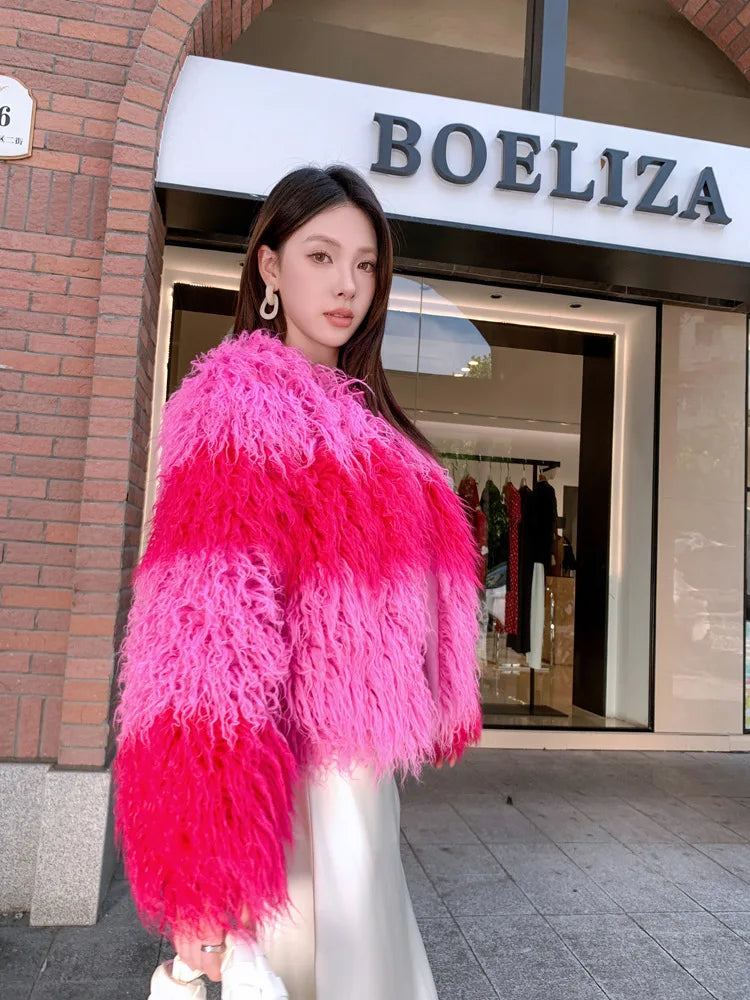Faux Fur Coats Women Lamb Wool Short Coat Y2k Streetwear Thick Warm Y2k Streetwear Elegant Pink Jackets Open Stitch Jacket