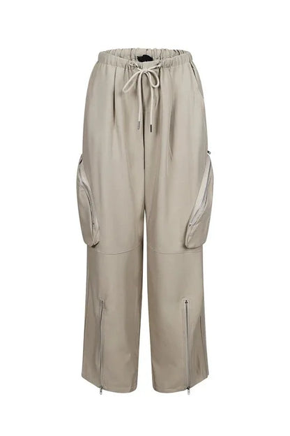 CM.YAYA Women Fashion Zipper Pocket Side Zip Fly Split Hem Wide Leg Safari Style Pants 2025 Drawstring Summer Cargo Trousers