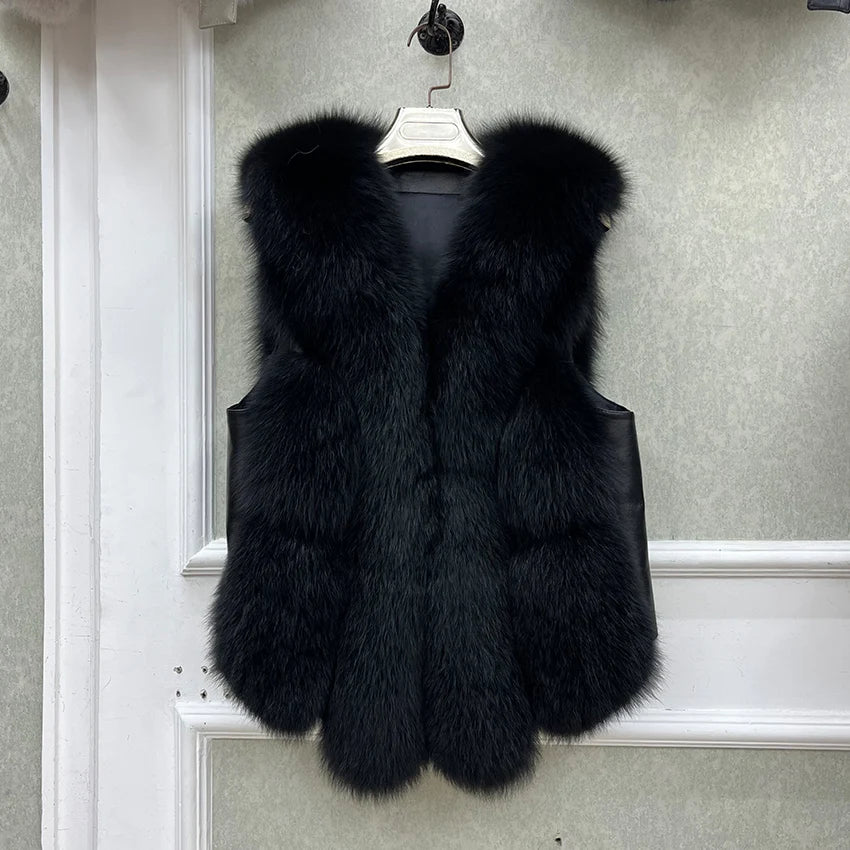 2024 New Autumn Winter Warm Women's Coat Natural Real Fox Fur Vest Thick Mid Length Waistcoat Luxury Female Jacket Streetwear