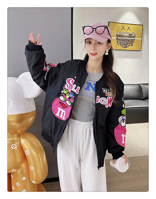 Cross-border Cartoon Embroidery Baseball Jacket For Men Women Casual Loose Fit Hip Hop Top Spring Autumn Letter Couple Jacket