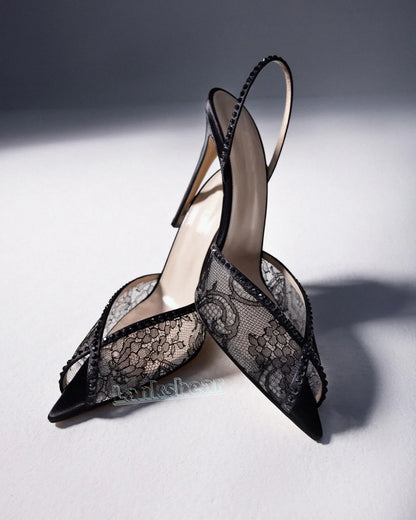 Rhinestone Lace Pointed Toe Women Sandals Ankle Strap Buckle Thin High Heels Solid Slingback Sexy Summer Shoes Luxury 2025 New