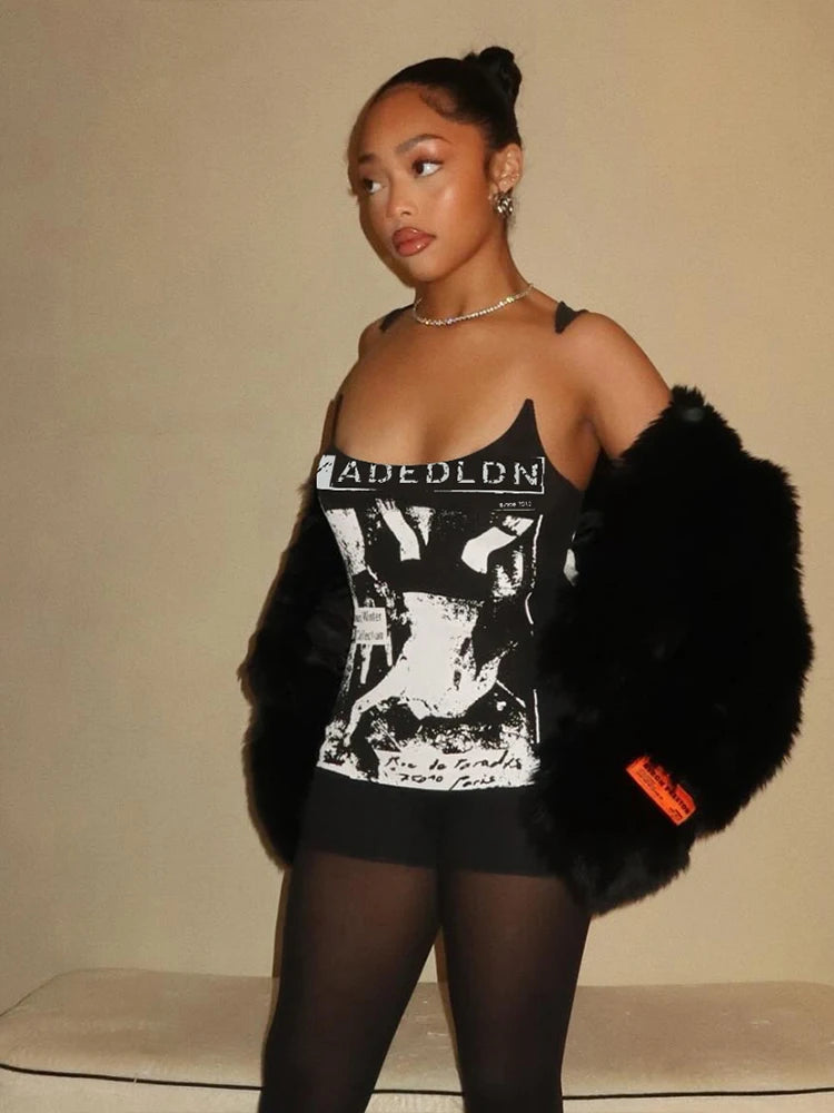 kliou Modern Printed Women Vests Vintage Sexy New Low Neck Ribbed Stretch Lengthen Tank Tops Female Trend Attractive Streetwear