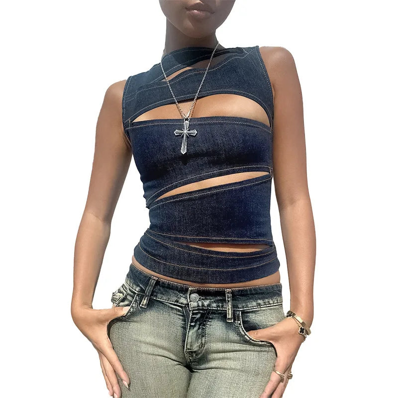 Women's Sleeveless Round Neck Vest Summer Solid Color Hollow Slim Vest Top Fashion Sexy Streetwear Women's Slim Vest Top