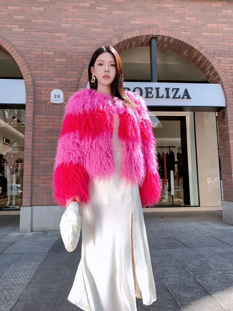Faux Fur Coats Women Lamb Wool Short Coat Y2k Streetwear Thick Warm Y2k Streetwear Elegant Pink Jackets Open Stitch Jacket