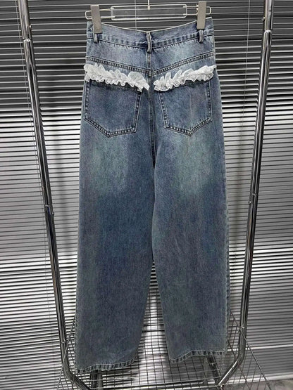 DEAT Women's Fashion Retro Lace Patchwork Denim Long Pants High Waist Wide Leg Jeans Female 2024 Arrival Winter New 11A02128