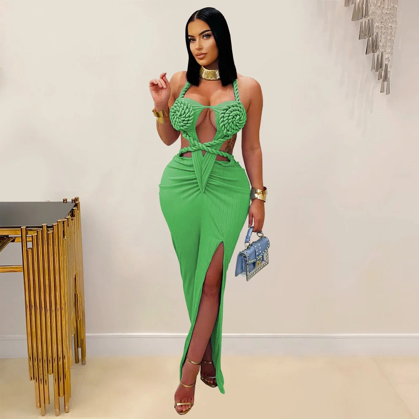 CM.YAYA Women Hemp Rope Halter Neck Stacked Ruched High Split Knit Bodycon Midi Maxi Long Dress 2025 Birthday Sexy Party Dresses