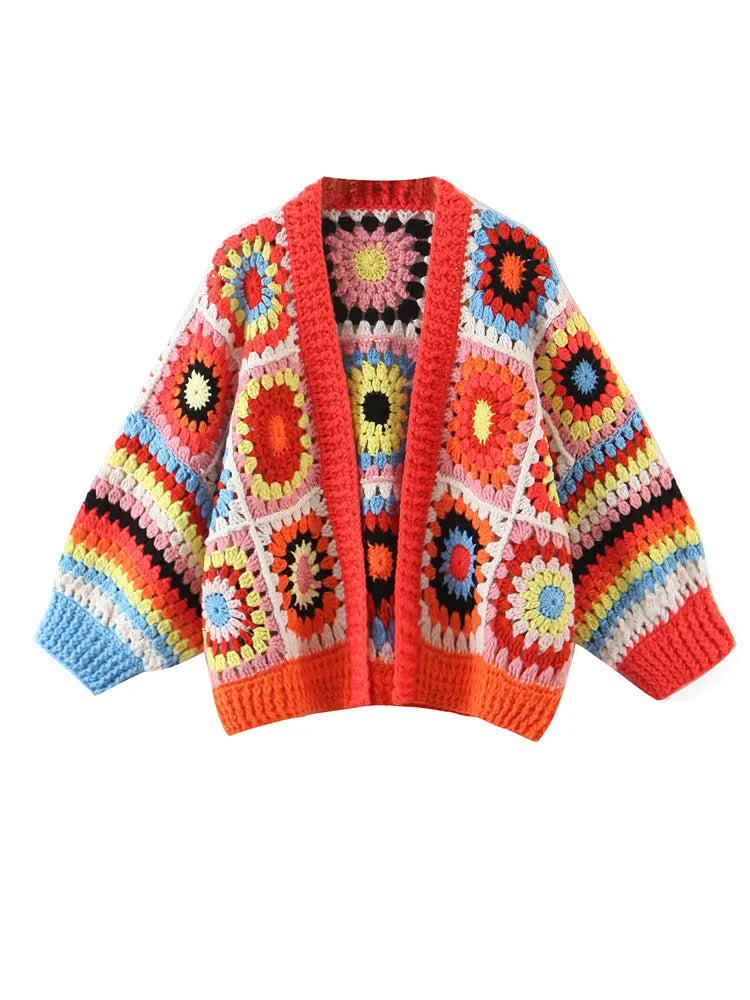BOHO Geometric Plaid Hand Made Crochet Cardigan Woman V neck Long sleeve Sweater Open Stitching Knitwear Jumper Holiday