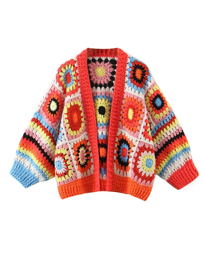 BOHO Geometric Plaid Hand Made Crochet Cardigan Woman V neck Long sleeve Sweater Open Stitching Knitwear Jumper Holiday