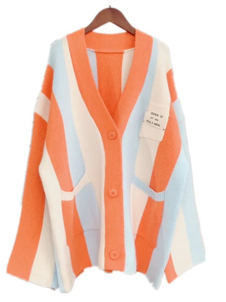 Joskaa Striped Patchwork Knitted Cardigan Women V-Neck Long Sleeve Single Breasted Sweater Coat Autumn 2023 Outwear Streetwear