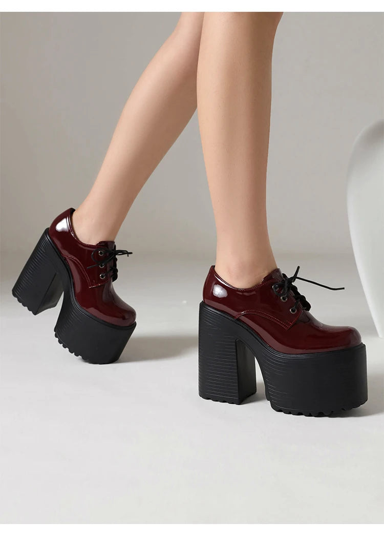 Ultra High Waterproof Platform Shiny Patent Leather Lace Up Women's Pumps Breathable Lining Thick Heels Punk Trendy High Heels