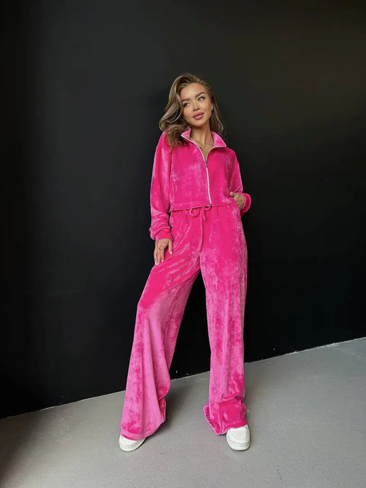 Autumn And Winter Long-sleeved Zipper Lapel Jacket Elastic Waist Wideleg Trousers Velvet Casual Two-Piece Suit For Office Ladies