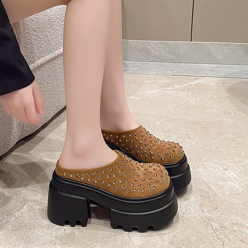 10CM New Rivet Platform Women Slippers Fashion Chunky High Heeled Sandals Comfort Roma Style Round Toe Slide Mule Shoes Summer