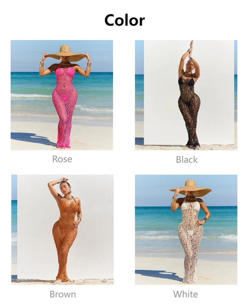 Women 3 Pieces Sexy Beach Bikini Set Backless Hollow Out Hole Knit Long Dress Cover Up+Lace Up Halter Bra Top+Underwear Swimsuit