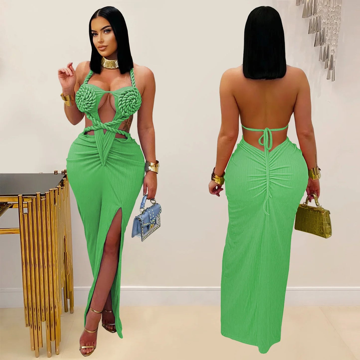 CM.YAYA Women Hemp Rope Halter Neck Stacked Ruched High Split Knit Bodycon Midi Maxi Long Dress 2025 Birthday Sexy Party Dresses