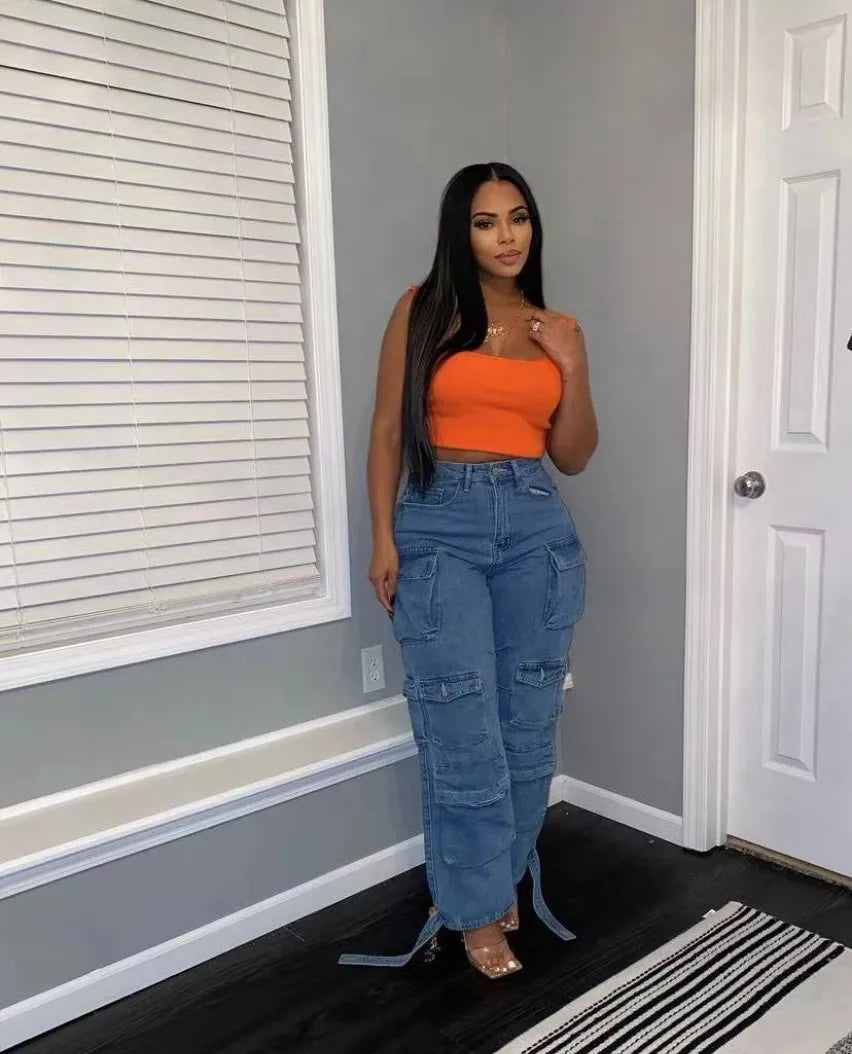Joskaa Fashion Y2k Pockets Cargo Jeans Women Hipster High Waisted Straight Pants Fall 2023 Casual Denim Trousers Streetwear