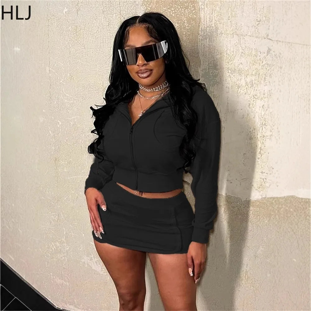 HLJ Spring New Casual 2 Piece Sets Woman Outfit Solid Zip Drawstring Crop Jacket and Bodycon Skirts Female Streetwear Clothing