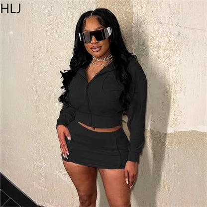 HLJ Spring New Casual 2 Piece Sets Woman Outfit Solid Zip Drawstring Crop Jacket and Bodycon Skirts Female Streetwear Clothing