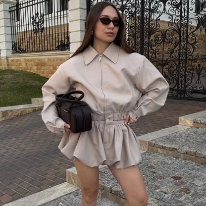 Tuularose Women's 2 Piece Fashion Lapel Zip Jacket Pleated Shorts Skirt Vintage Streetwear New Party  Autumn Female Short Sets