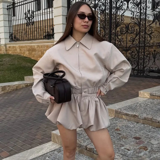 Tuularose Women's 2 Piece Fashion Lapel Zip Jacket Pleated Shorts Skirt Vintage Streetwear New Party  Autumn Female Short Sets