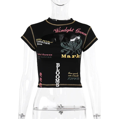 Hollow Out Crop Top Women O-Neck Aesthetic Clothes Letter Printed Y2k Accessories Short Sleeve Roupas Femininas Estilosas Summer