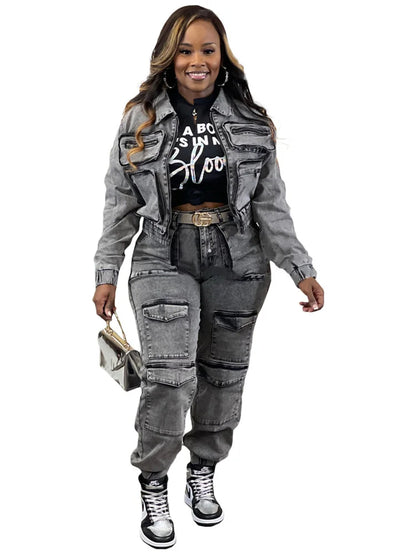 Wmstar Denim Two Piece Set Women Jacket Coat Top Jeans Cargo Pants Cool New in Winter Matching Clothes Wholesale Dropshipping