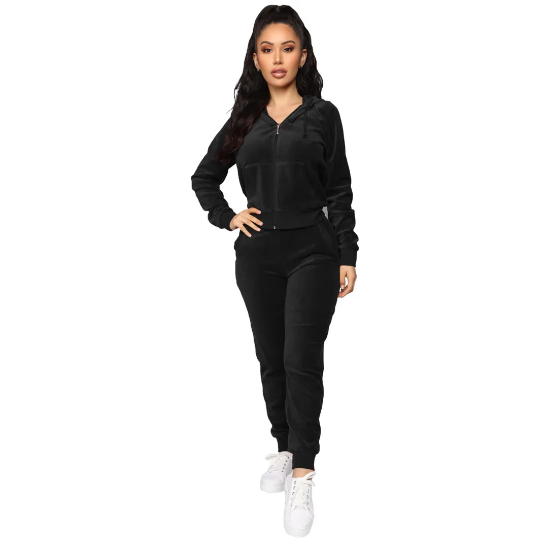 Women Pant Sets Comfortable Velvet Matching Sets Two Piece Set Autumn Loose Zipper Hoodie Jacket Elastic Waist Skinny Pants Sets
