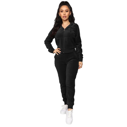 Women Pant Sets Comfortable Velvet Matching Sets Two Piece Set Autumn Loose Zipper Hoodie Jacket Elastic Waist Skinny Pants Sets