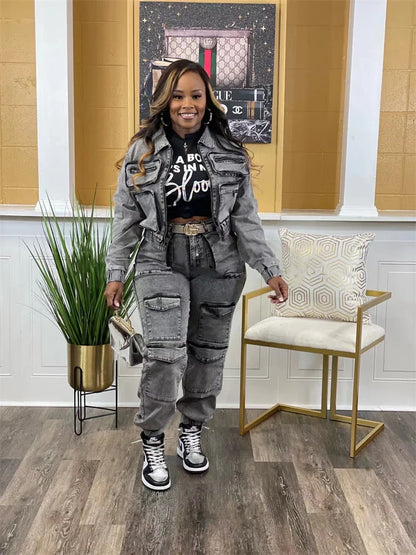 Wmstar Denim Two Piece Set Women Jacket Coat Top Jeans Cargo Pants Cool New in Winter Matching Clothes Wholesale Dropshipping