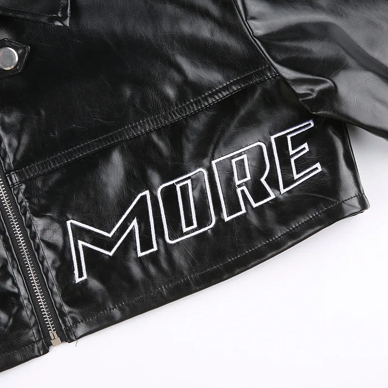 FAGADOER Y2k Punk Gothic Leather Jacket Women Cropped Lapel Letter Embroidery Moto Jackets Coat Short Female Streetwear New