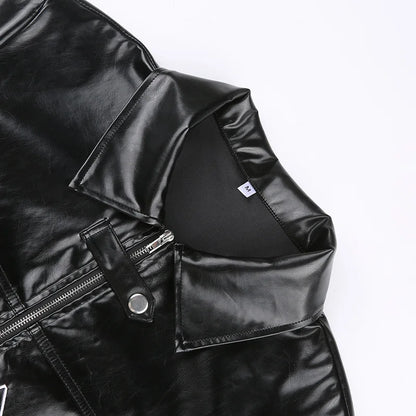 FAGADOER Y2k Punk Gothic Leather Jacket Women Cropped Lapel Letter Embroidery Moto Jackets Coat Short Female Streetwear New