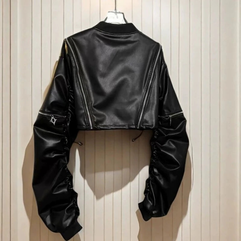 2025 Y2k Aesthetic PU Leather Jacket Womens Streetwear Pleated Grunge Solid Jackets Loose Harajuku Zipper Female Punk Crop Coat