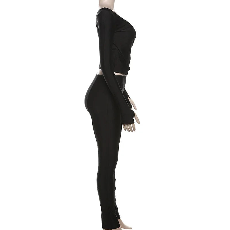 Simenual Casual Skinny Women Two Piece Set Sexy Deep V Crop Tops High Waist Pants Cyber Y2K Outfits Slim Co Ord Suits Streetwear