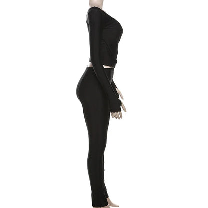 Simenual Casual Skinny Women Two Piece Set Sexy Deep V Crop Tops High Waist Pants Cyber Y2K Outfits Slim Co Ord Suits Streetwear