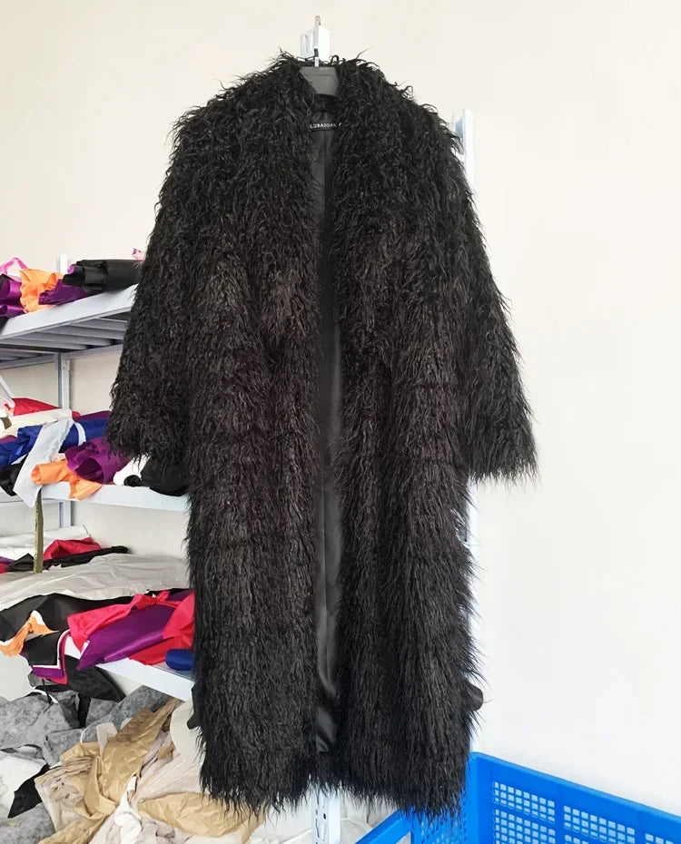 Women Faux Sheep Fur Long Coat Cardigan Thermal Loose Maxi Jackets Plush Coats Female Jacket Autumn Winter Furry Outerwear