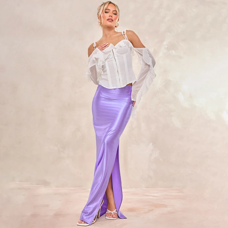 CUTENOVA Stain Long Solid Color Skirt Elegant High Waist Side Split Maxi Skirts Party Sexy Clothes for Women Autumn 2024