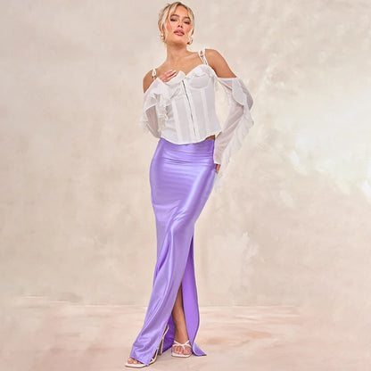 CUTENOVA Stain Long Solid Color Skirt Elegant High Waist Side Split Maxi Skirts Party Sexy Clothes for Women Autumn 2024
