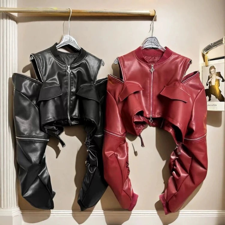 2025 Y2k Aesthetic PU Leather Jacket Womens Streetwear Pleated Grunge Solid Jackets Loose Harajuku Zipper Female Punk Crop Coat