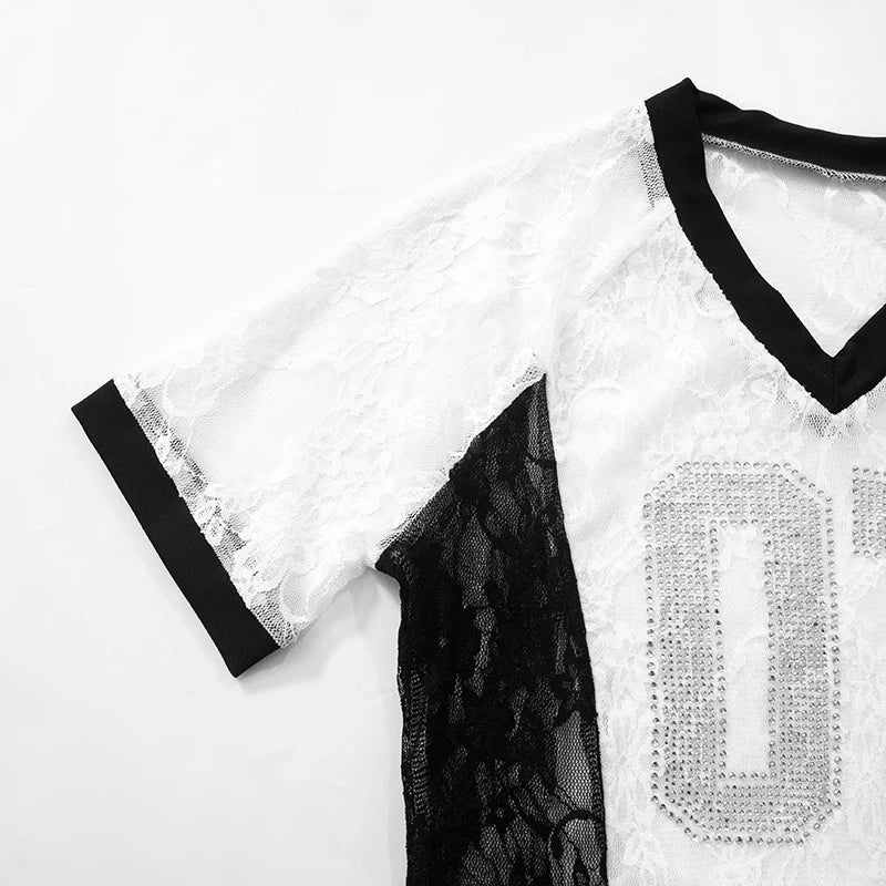 CUTENOVA 2025 Spring And Summer New Letters V Neck Rhinestone American Lace Color Collision Patchwork Top T-Shirt Streetwear