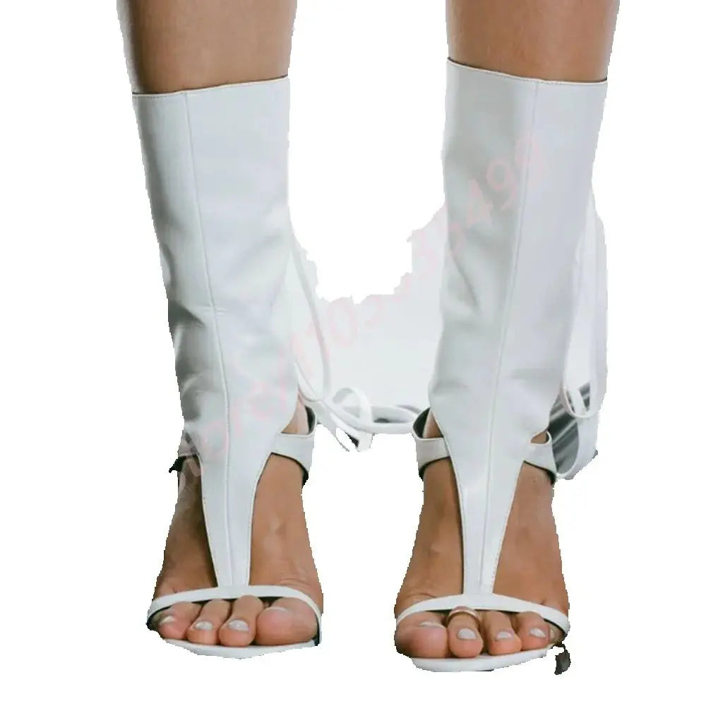 Sexy Ladies Open Summer Roman Sandals 2025 New Solid Color Straps Stiletto Catwalk Boots Fashion Party Casual Lace-Up Sandals