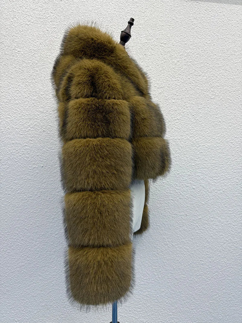 S-6XL Women Coat Autumn Winter Short Hooded Faux Fox Fur Coat Thick Warm Outerwear Fake Fur Woman Jackets Ladies Furry Coats