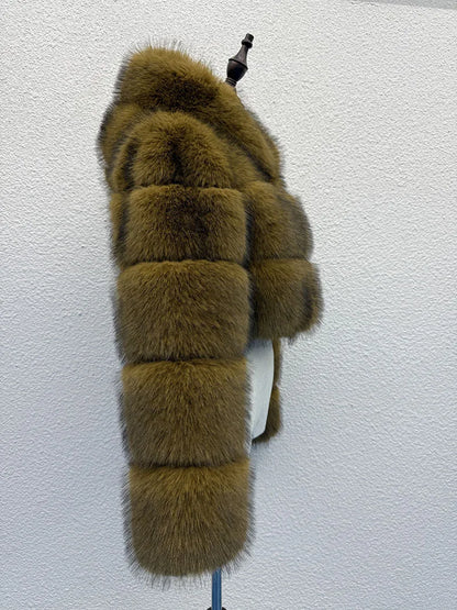 S-6XL Women Coat Autumn Winter Short Hooded Faux Fox Fur Coat Thick Warm Outerwear Fake Fur Woman Jackets Ladies Furry Coats