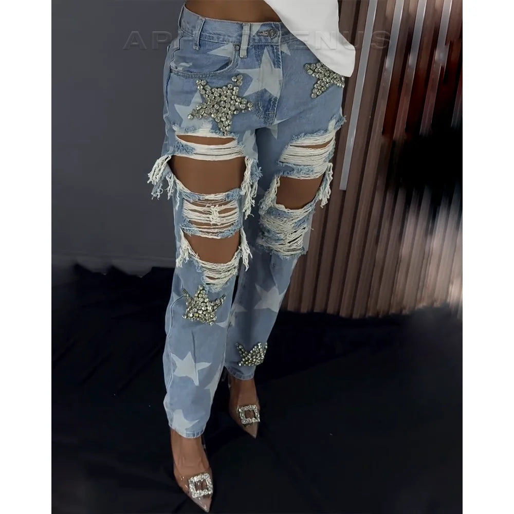 Women’s Ripped Jeans High Waist Distressed Jeans High Waist Wide Straight Leg Y2k Loose Fit Distressed Denim Pants
