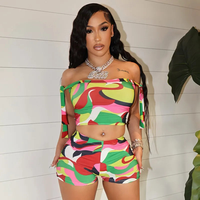 Joskaa Colorful Print Beach Style 2 Piece Sets Women Swimsuit Sexy Tube Tops and Shorts Matching 2025 Summer Bathing Suit