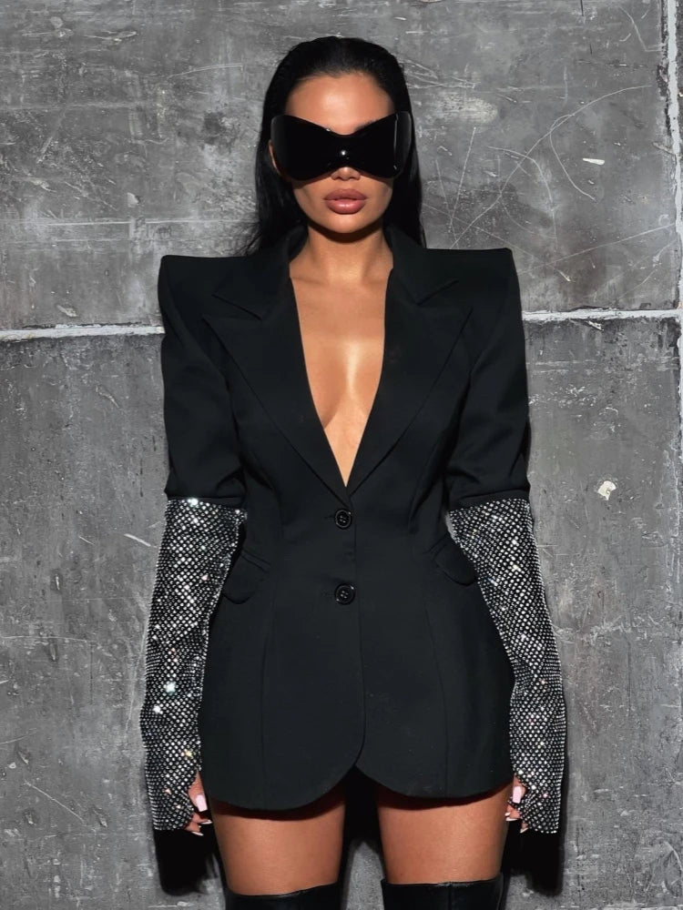 Sexy V Neck Long Sleeve Blazer With Rhinestone Sleeve Women Black Diamond Patchwork Slim Jacket Evening Party Club Cocktail Coat